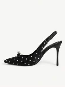 CUCCOO CHICEST Women Shoes Spring And Summer New Models, Polka Dot Satin Pointed Back Empty Sandals, Pearl Bow Stiletto High Heels, Gentle And Sweet Style, Daily - Black - View 6
