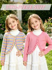 SHEIN Elladie kids 2件組幼女設計荷葉邊開襟短夾克，針織羅紋布料，粉色純色 + 彩色條紋圓領長袖短夾克，柔軟舒適，適合幼女，可愛甜美風格，完美適用於日常穿著、上學、外出、度假、派對、節日、春秋季節 - 彩色 - 查看 7