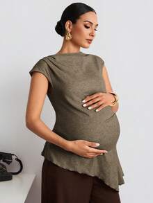 MaterniWear Maternity Solid Color Cap Sleeve Ruched Asymmetrical Hem Casual T-Shirt Summer - Brown - View 3