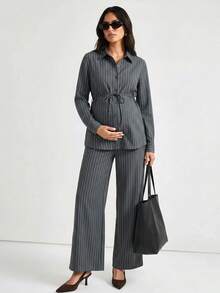 Modmama 孕婦休閒通勤條紋襯衫與長褲 2 件套裝 - 灰色 - 查看 4