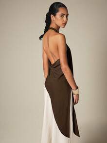 KSTM Halter Neck Asymmetric Draped Top With Open Back And Elegant Long Flowing Side Panel - Chocolate Brown - View 2