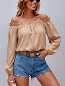 SHEIN VCAY 女款時尚荷葉邊露肩優雅襯衫 - 卡其色 - 查看 4