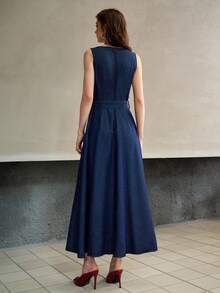 MOTF PREMIUM SPRING/SUMMER WOMEN'S ASYMMETRIC PLEATED WAIST FLARED DENIM DRESS - Blue - View 5