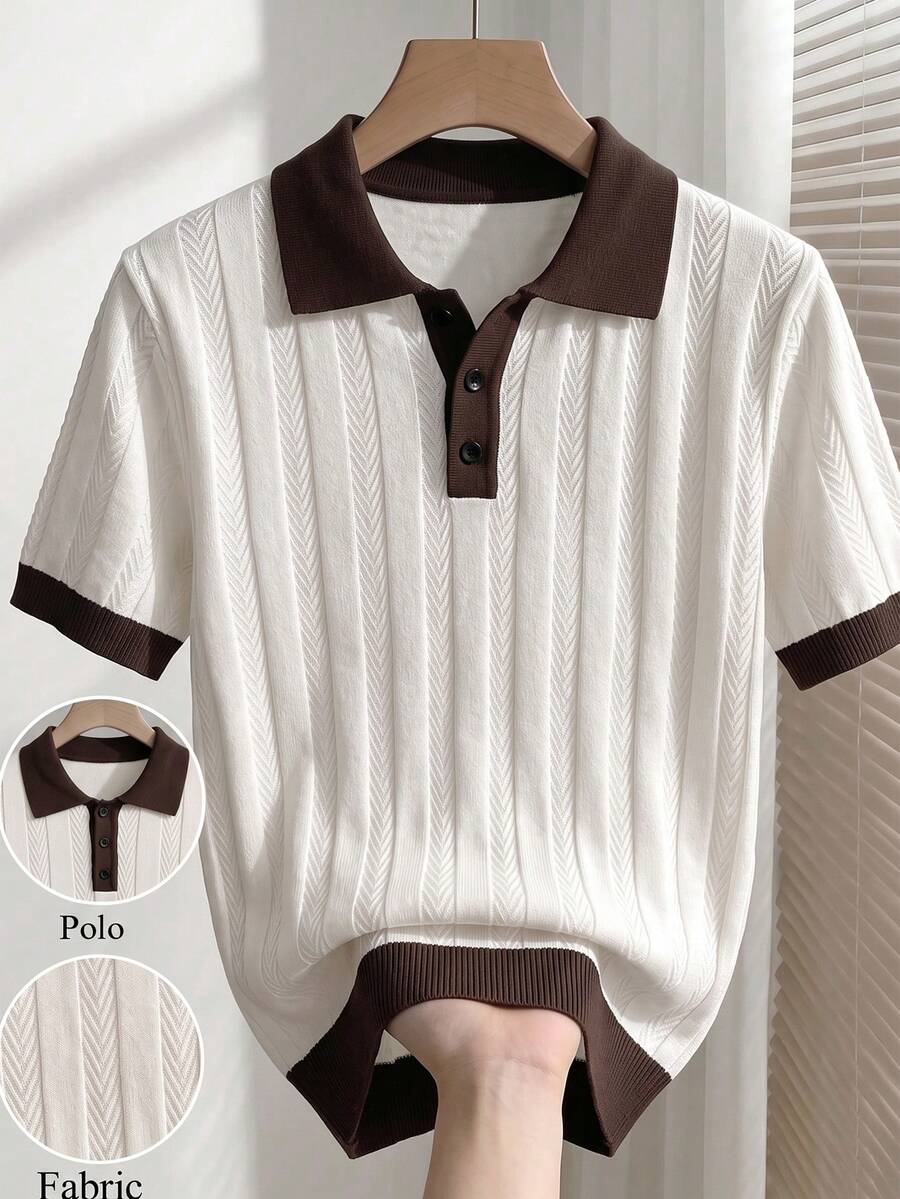 RONVEXI European & American New Blogger Style Chic Design Mature Casual Men's Pullover Knit Top,, Patchwork Brown Knit Top, Contrast Color Polo Collar - White - View 1