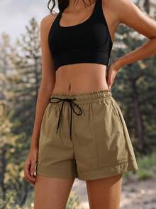SHEIN Sports Women's Casual Versatile Drawstring Waist Pocket Outdoor Going Out Mtb Vacation Shorts Black Summer,Trail Run Outfit - Khaki - View 3