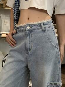 FRIFUL Celana Jeans Denim Kasual Serbaguna untuk Wanita, Dilengkapi Saku dan Kancing, serta Atasan yang Cantik - Biru - View 5