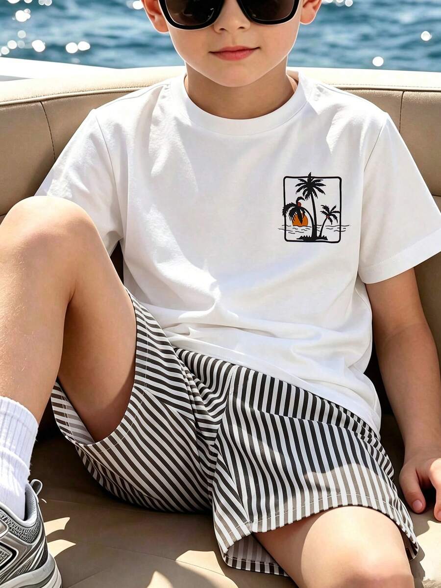 Vacaura 2件組男孩休閒椰子樹印花圓領T恤與多色條紋短褲套裝,適合日常穿著、戶外穿搭、島嶼風、海灘週末、夏季穿搭,度假旅行拍照完美選擇,春夏新品 - 彩色 - 查看 1