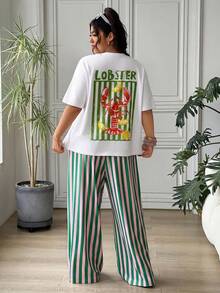 SHEIN EZwear 大尺碼女款字母印花短袖T恤與條紋長褲兩件套 - 彩色 - 查看 3