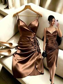 GlowEve Robe moulante décontractée et polyvalente pour femmes, taille cintrée, col en V, bretelles fines, ourlet froncé, pour sorties et fêtes de printemps/été - Marron - Voir 1