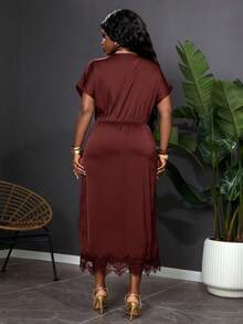 SHEIN Clasi Plus Size Women's Summer Batwing Sleeve Dress Brown Polka Dot Suitable For Daily Commute Dinner Evening Wedding Guest Casual Formal Elegant - Burgundy - View 2