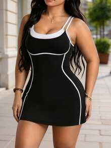 Dewbera Dewbera Women's Plus Size Striped Colorblock 2 In 1 Athletic Dress - Black - View 3