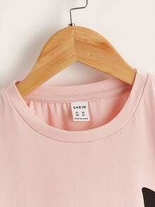 SHEIN Tween Girls Casual Slogan & Cat Print T-Shirt For Autumn - Baby Pink - View 4