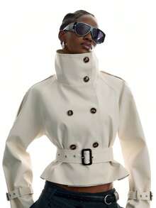 LYSMO Women's Solid Color Raglan Sleeve Double-Breasted Casual Trench Coat Jacket Office Wear For Women Going Out Outfits - White - View 6