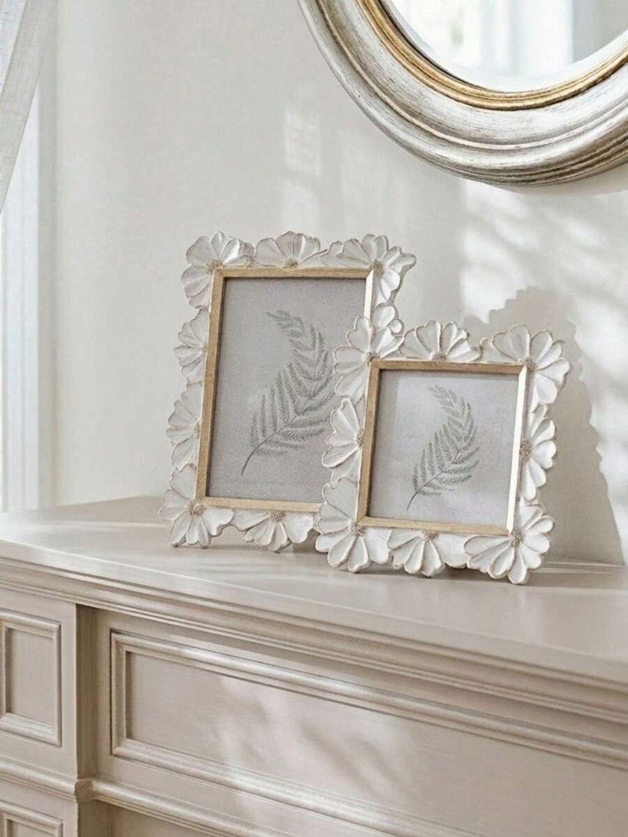 Madebyblanc 1PC Resin White Gold Trim 3D Daisy Flower Pattern Square Photo Frame Horizontal Vertical Dual Use Home Desktop Display Picture Frame Decorative Photography Accessories Holiday Gift Idea Room Decor Ornament - one-size - View 1