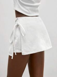 Maija Women's Casual Solid Color Tie-Up Denim Shorts, Summer Jorts - White - View 4