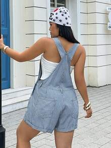 Rivivi 大尺碼女款條紋時尚百搭水洗無彈力牛仔吊帶短褲 - 藍白色 - 查看 2