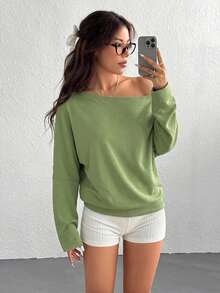 SHEIN EZwear 女款純色百褶不對稱領長袖上衣 - 軍綠色 - 查看 5