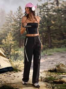 Exploreva Exploreva Celana Panjang Wanita Motif Blok Warna Kasual Serbaguna untuk Aktivitas Luar Ruangan Sehari-hari - Hitam - View 7