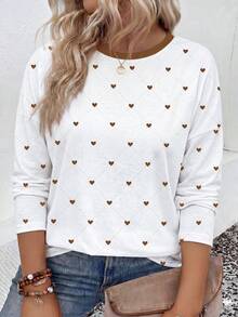 SHEIN LUNE Fashion Casual Basic Round Neck Colorblock Heart Pattern Print Plus Size T-Shirt Fall - Multicolor - View 1