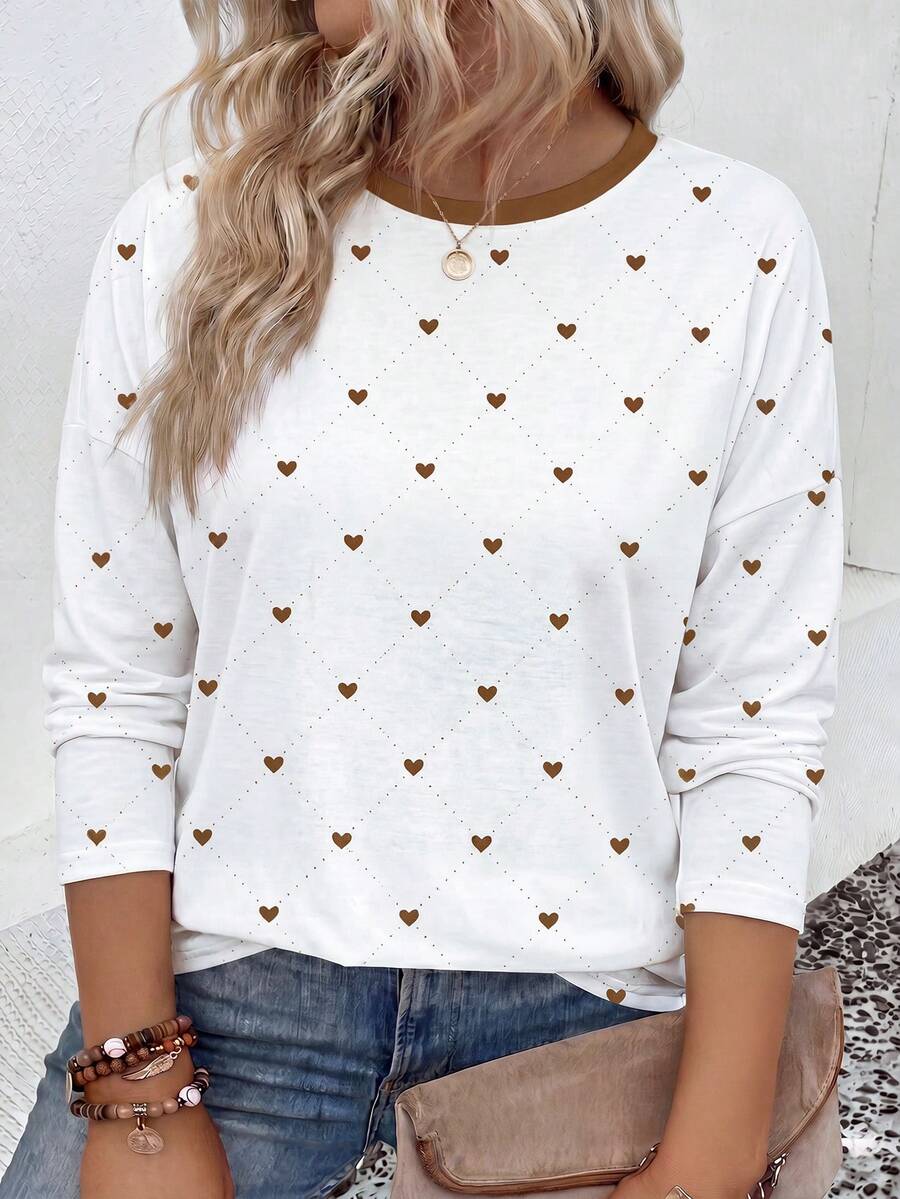 SHEIN LUNE Fashion Casual Basic Round Neck Colorblock Heart Pattern Print Plus Size T-Shirt Fall - Multicolor - View 1