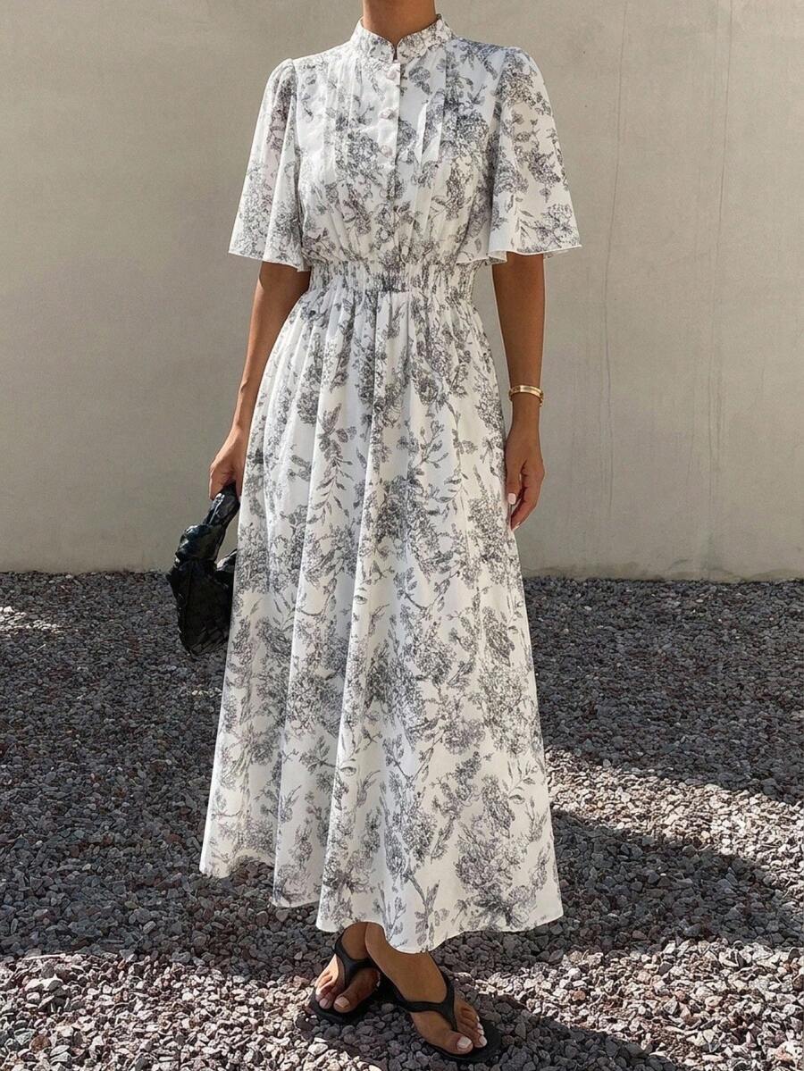FRIFUL Women's Round Neck All-Over Floral Print Vacation Style Sweet Long Dress - Multicolor - View 1