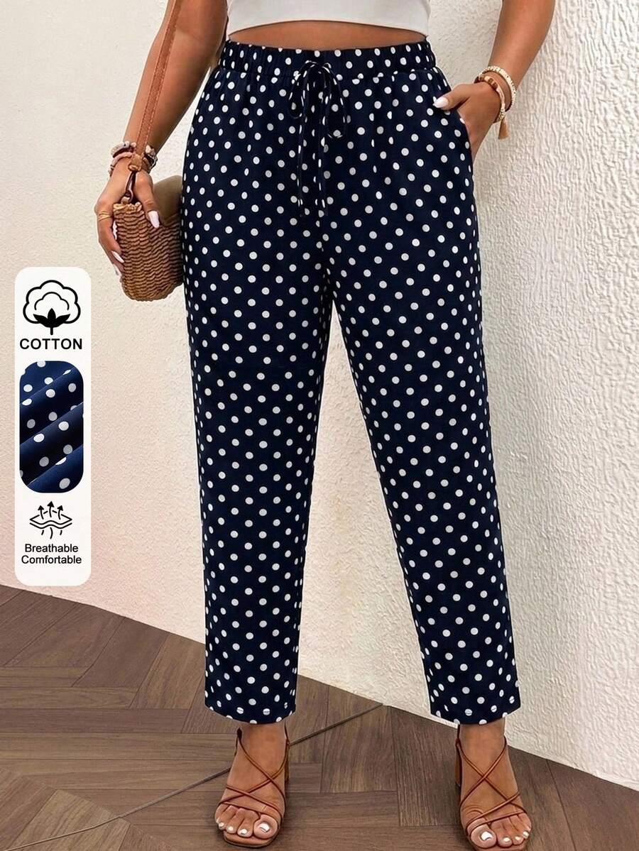 SHEIN Frenchy Plus Size Navy Blue Polka Dot Print Casual Pants, Suitable For Summer Fall - Multicolor - View 1