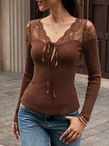 Elyressa Elegant Solid Color Lace Patchwork Tie-Front T-Shirt - Brown - View 6
