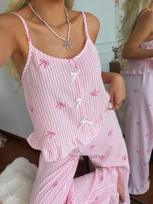 CottageSlumber Pink & White Striped Heart Print Pajama Set, Delicate Bow Decor Ruffle Strap 2 Pieces Set - Pink - View 4
