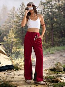 Exploreva Celana Hiking Wanita Warna Polos Pinggang Tinggi Saku Potongan Lurus - Burgundy - View 4