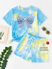 (6 Sets Aleatorios, Envío de 2 Sets) Conjunto Básico de Camiseta Corta + Shorts con Estampado de Flores Tie Dye Creativo Personalizado y Patrón de Lazo Brillante para Niña Joven de Verano - Multicolor - Ver 5