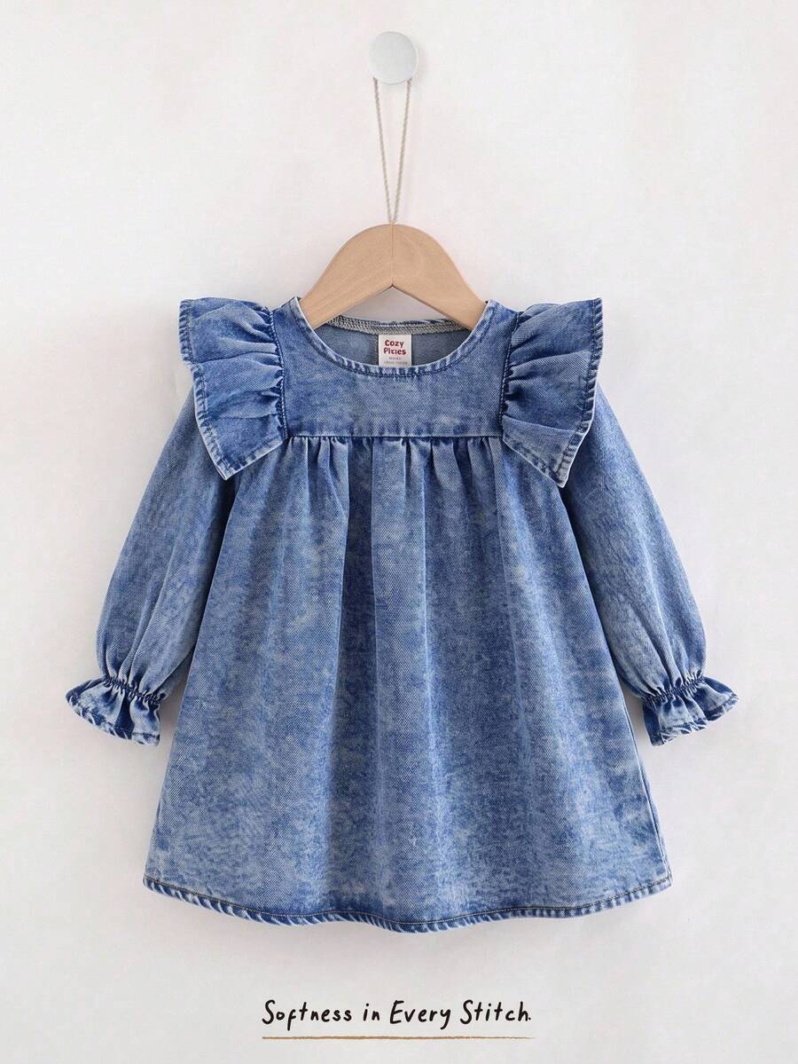 Cozy Pixies Babygirl 秋冬女嬰女童荷葉邊長袖高腰時尚百搭舒適牛仔洋裝 - 藍色 - 查看 1