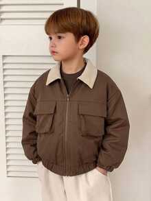 Dazy Kids Young Boy Contrast Color Zipper Casual Versatile Daily Wear Winter Padded Coat Fall - Brown - View 7