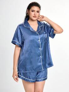 Slumbrini Set Pakaian Tidur Kardigan Berkerah Garis-Garis Sutra Imitasi, Ukuran Besar - Navy Blue - View 5