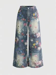ROMWE Fairycore Celana Jeans Kasual Serbaguna untuk Pemakaian Sehari-hari dengan Kancing Motif Bunga untuk Wanita Ukuran Besar - Biru - View 1