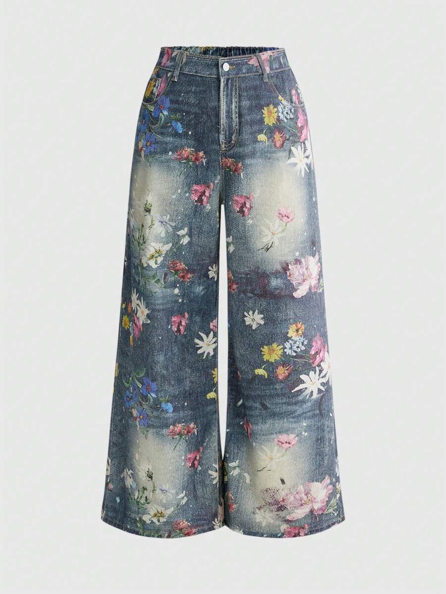 ROMWE Fairycore Celana Jeans Kasual Serbaguna untuk Pemakaian Sehari-hari dengan Kancing Motif Bunga untuk Wanita Ukuran Besar - Biru - View 1