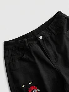 ROMWE MEN 男士刺繡圖案寬鬆版型牛仔短褲 - 黑色 - 查看 5