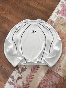 SWAVVY Men's Geometric Print Crew Neck Casual Loose Long Sleeve T-Shirt - White - View 1