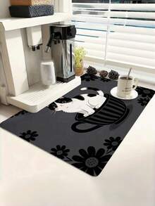1PC Large Microfiber Rubber Base Super Absorbent Quick Drying Non Slip Easy Clean Waterproof Durable Cute Kitten In Cup Pattern Kitchen Countertop Dish Drying Mat Coffee Mat For Home Coffee Bar Sink Dining Table Kitchen Accessories Decor Gift - Multicolor - View 4
