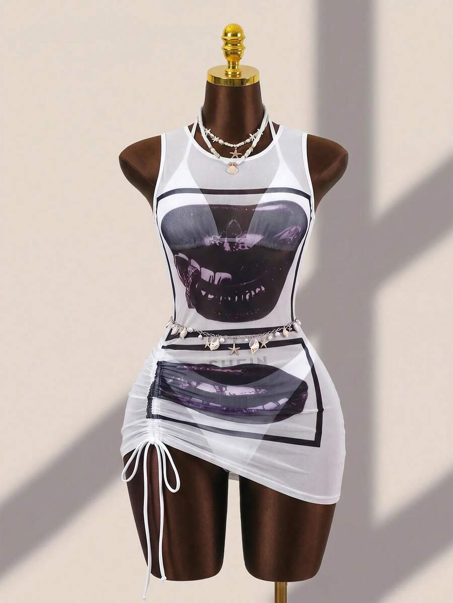 Zestiva Setelan Baju Renang Dua Potong Wanita Musim Panas untuk Pesta Pantai, Warna Polos, Model Halter Tie Seksi, Bawahan Segitiga, Dilengkapi Gaun Putih - Putih - View 1