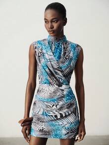 Aveloria Modichic Summer All White Colorblock Animal Print Zebra Leopard Python Sheer Chiffon Pleated Cowl Neck Bodycon Sleeveless Mini Dress Sexy Night Out Club - Multicolor - View 3