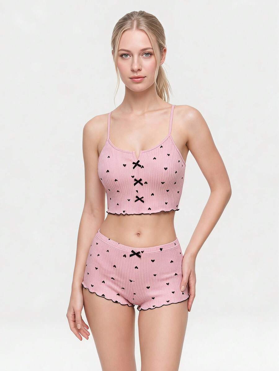 Bonmuse Women's Heart Printed Camisole Simple Daily Pajama Setfor Summer - Pink - View 1