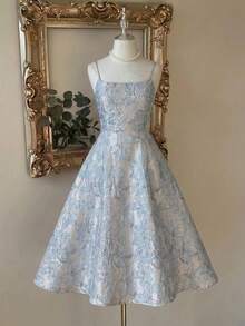 SHEIN Vintage 3D Floral Embossed Print Sleeveless A-Line Dress, Women's Holiday Dress, Women's Vacation Dress, Women's Party Dress, Elegant Vintage Women's Dress. Luxury Banquet Party Tea Dress, French Backless Hollow Elegant Princess Dress, Sexy Elegant Summer Women's Dress, Birthday Mid-Length Wedding Guest Dress, Mid-Length Elegant Bridal Dress, - Blue - View 5