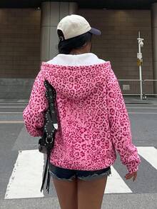Muchica 休閒極簡風粉色豹紋印花女款拉鍊連帽衛衣，秋季上衣，適合日常通勤、聚會、秋冬/夏季、聖誕節、新年、感恩節、派對、婚禮、海灘、畢業典禮、優雅、外出、約會、通勤、情人節、優雅、度假、Y2K、畢業典禮等場合 - 彩色 - 查看 2