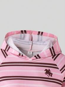 SHEIN 青少年女孩長袖抓絨套裝上衣 2件/組 圓領粉色條紋小馬圖案連帽衫套裝 秋季 六年級 正式寬鬆派對度假款 - 彩色 - 查看 8