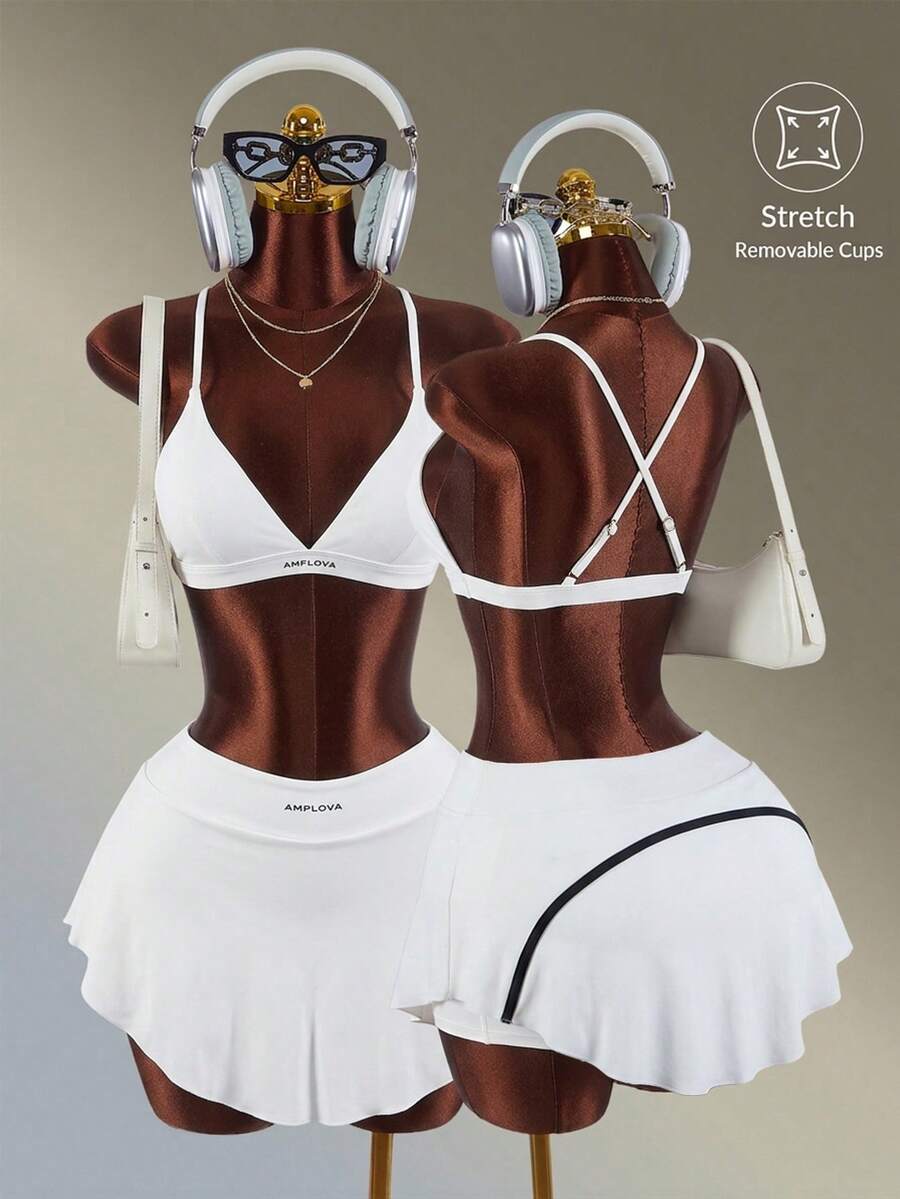 Amplova 女款字母印花細肩帶背心上衣與裙褲休閒日常運動套裝 - 白色 - 查看 1