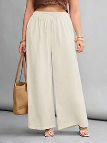 SHEIN PETITE CURVE 大尺碼全鬆緊腰休閒長褲 - 米色 - View 2