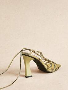 Rosivie Spring/Summer Gold Square Toe Chunky Heel Hollow Lace-Up French Style High Heel Sandals Roman Shoes - Light gold - View 5