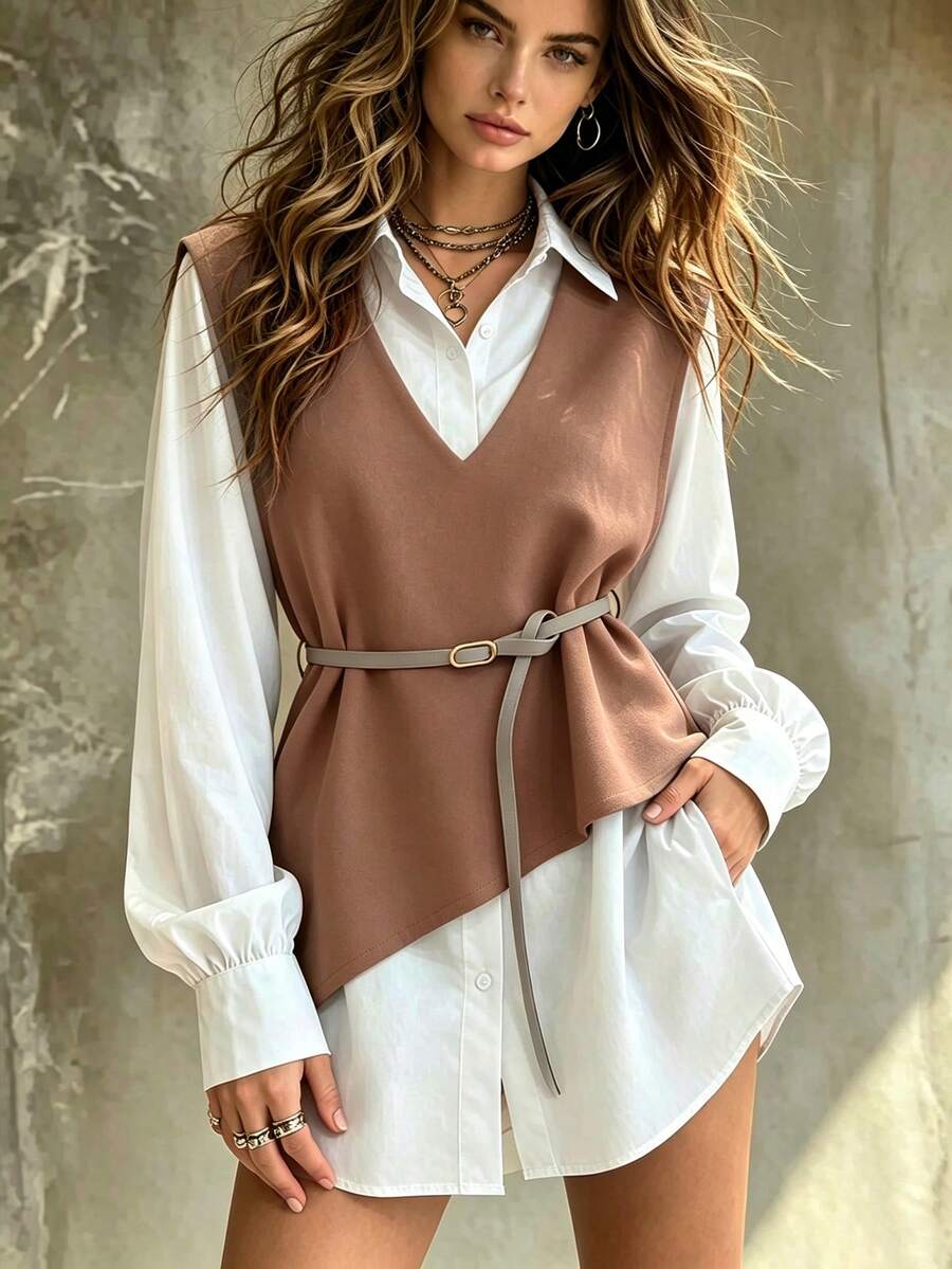 Franclia 2025秋季新品：女士二合一外套衬衫套装，采用巧妙的不对称剪裁、精致的纽扣装饰和可调节腰带，流畅的线条勾勒出纤细的身形，适合办公室通勤、休闲周末和日常外出等各种场合。棕色衬衫，适合工作场合，女士职业上衣，不对称上衣，商务休闲女式衬衫。 - 棕色 - 查看 1