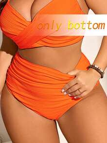 Swim Chiccia Plus Size Women Ribbed Fabric Solid Color Ruched Tummy Control Swimwear Bottom, Suitable For Daily And Holiday Wear For Summer Beach Vacation - Orange - View 5