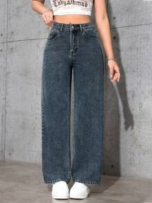 SHEIN ICON Women's Casual Versatile Denim Long Pants With Pockets And Buttons For Daily Wear - Royal Blue - View 1